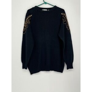 VTG Kobe Gold Sequin Lace Embroidered Sweater Womens L 40 Black 80's Retro Glam